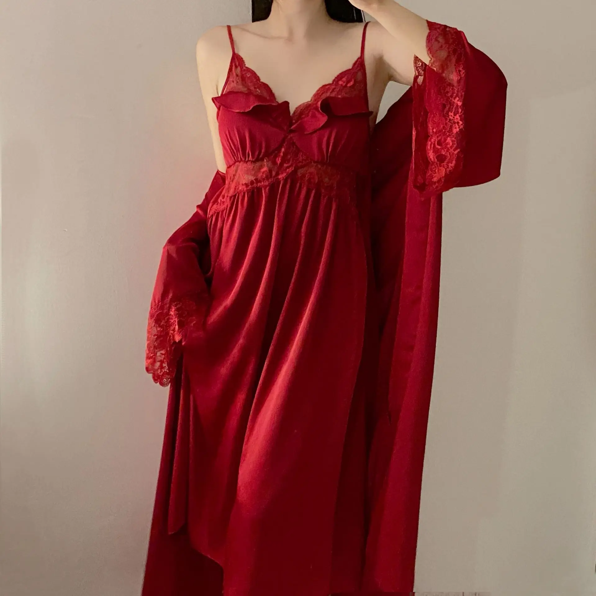 

Пикантная летняя Пижама, халат, повседневный комплект, женский халат, банный халат, кружевная бордовая атласная ночная рубашка, костюм-кимоно, новинка для дома