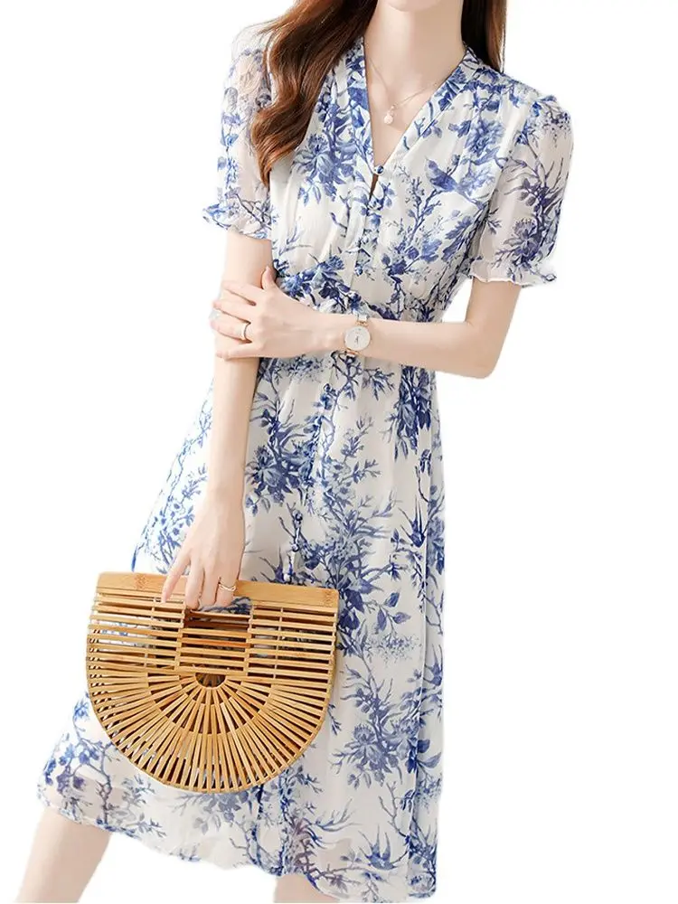 

Элегантное шифоновое облегающее платье с V-образным вырезом и принтом, платье с коротким рукавом, Новинка лета 2022, модная женская одежда