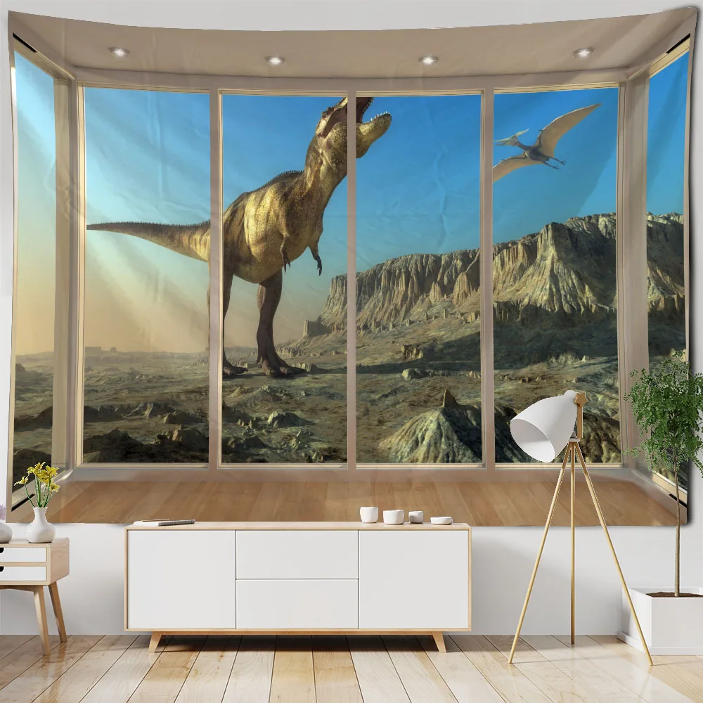 

Imitation Window Landscape Tapestry Sea View Dinosaur Art Wall Hanging Bohemian Hippie Home Wall Decoration Background Fabric