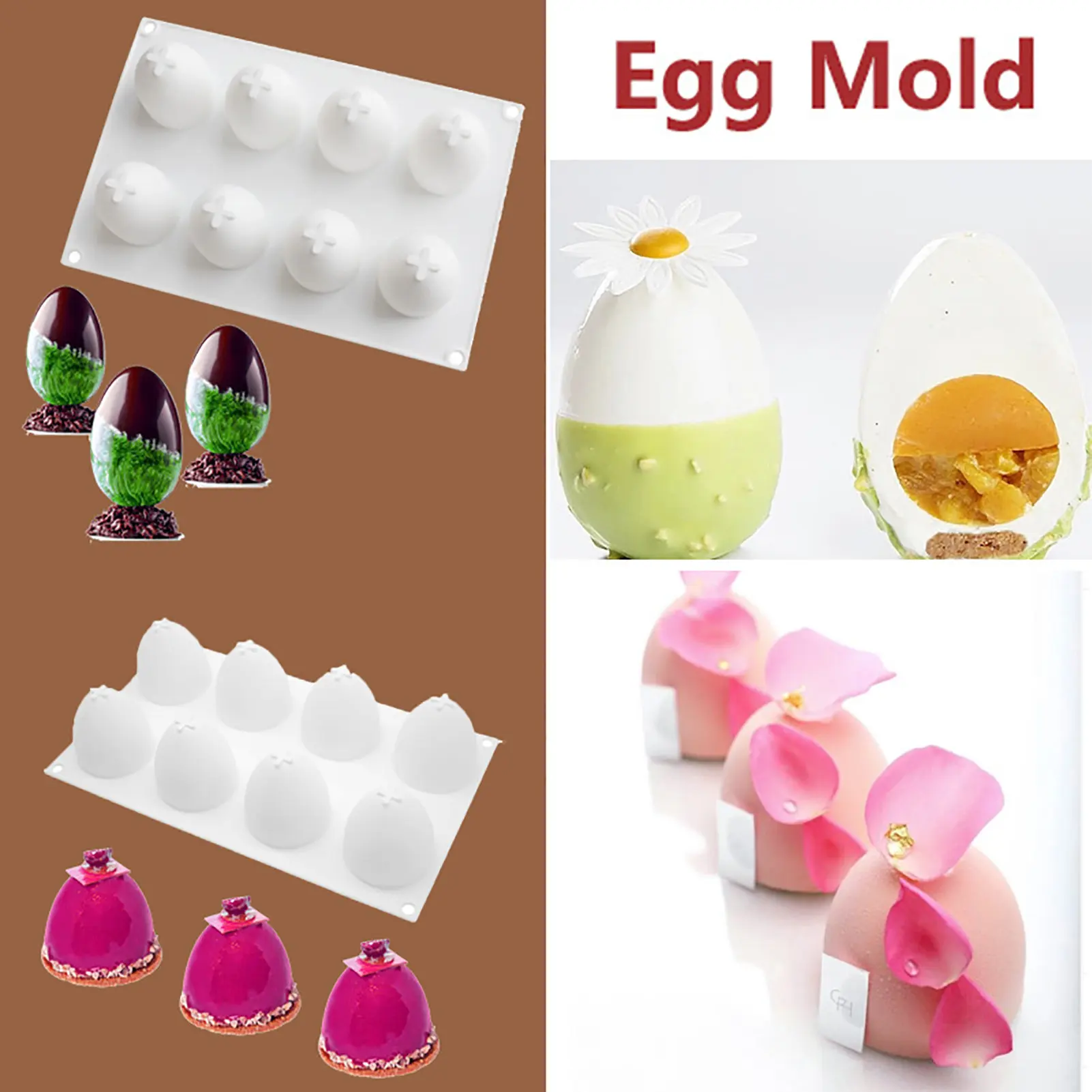 

8 Cavities Easter Egg Silicone Molds Mousse Cake Mold Cakes Non-Stick 3D Baking Pan Dessert Cheesecake Bakeware Mould