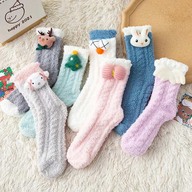 

Helisopus Autumn and Winter Coral Fleece Socks Thickened Warmth Tube Cute Cartoon Girl Socks Soft and Comfortable Sleep Socks