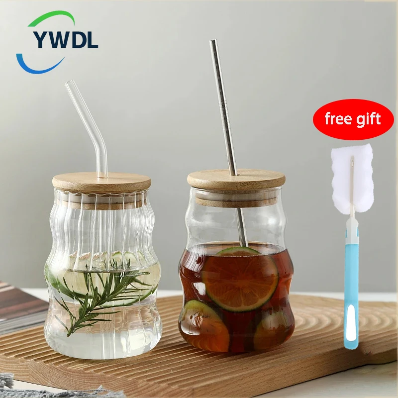 

500ml Stripe Glass Cups With Straw Clear Mason Jar Juice Cup With Wood Lid Curve Coffee Beer Tumblers Mug Drinkware Bottle