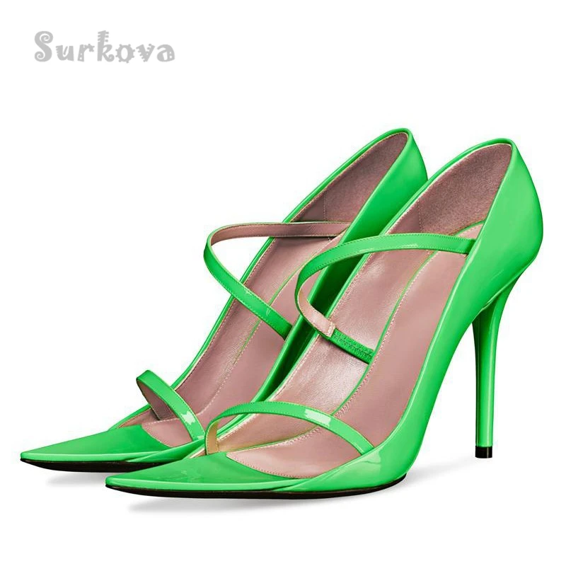 

Green Pointed Toe One-Strap Sandals Luxury Brand Design Thin Heel Shoes Elegant High Heels Slip On Pumps Office Lady Party Shoes