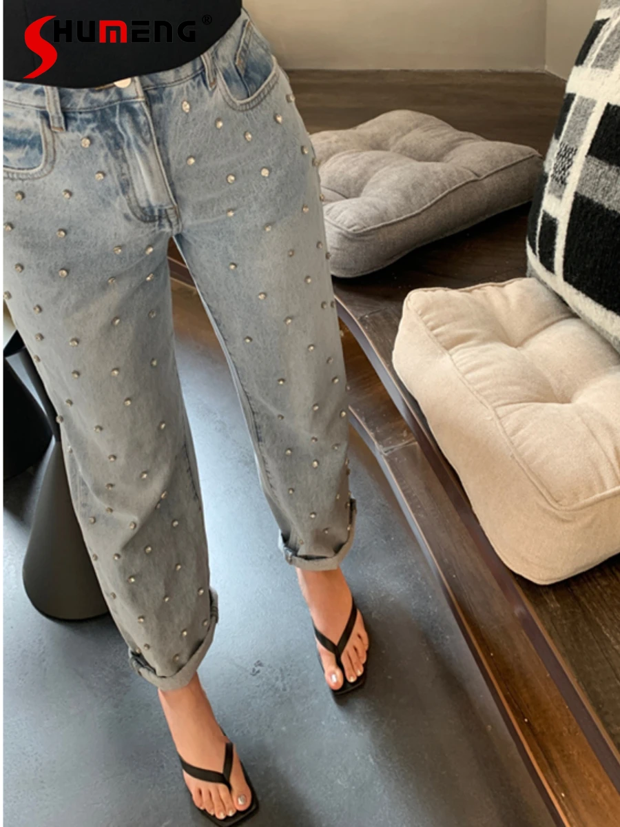 

High Street Blue Rhinestone Jeans for Women Summer 2022 New High Waist Straight Denim Pants Retro Fashion Loose Harem Trousers