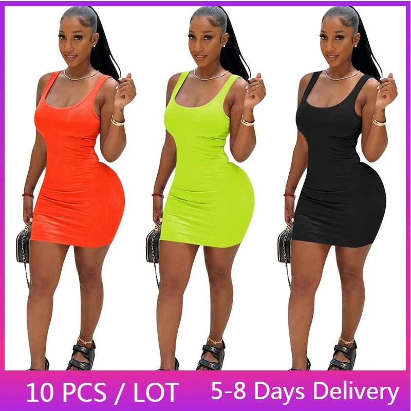 

Летнее платье без рукавов, женская одежда, уличная одежда, однотонное неоновое облегающее платье, модное облегающее Короткое мини-платье