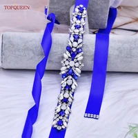 topqueen s57 bridal belt royal blue rhinestone ribbon sash wedding dress decorative accessories womens jewelery party sparkly