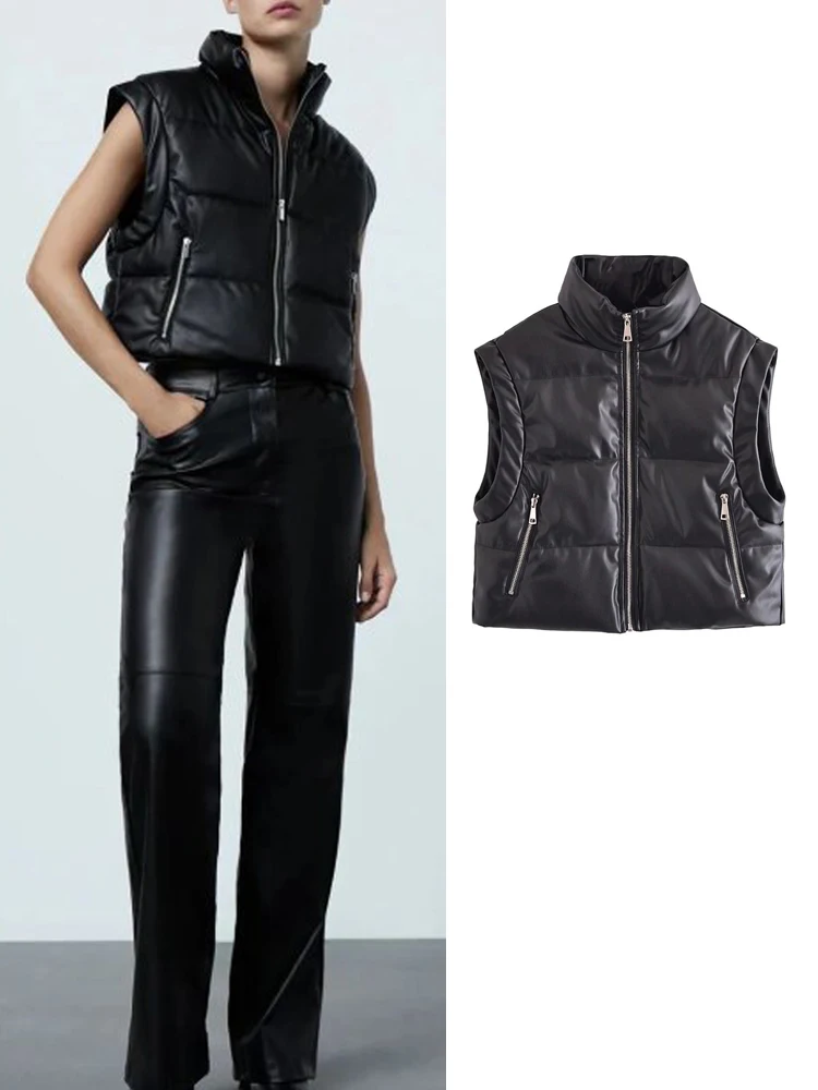 

KJMYYX New Solid Winter Women Fashion Thick Faux Leather Fur Warm Short Vest Female Casual Sleeveless Jacket