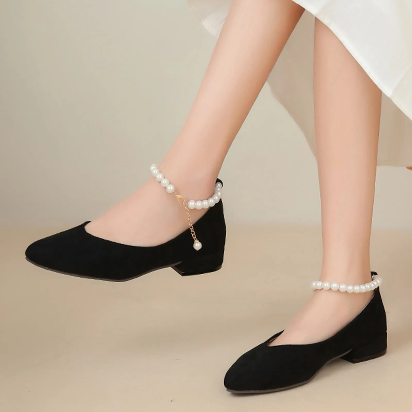 

Summer Pointed Toe Pumps Low Heel Mary Jane Shoes Vintage French Pearl Suede Flat Fairy Shoes Elegant Slip On Shallow Sandals