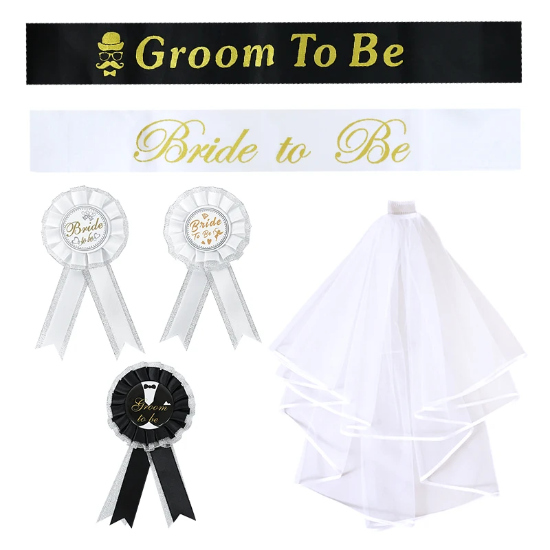 

Wedding Decorations Groom Bride To Be Satin Sash Etiquette Belt Bride Veil Headband Couples Badge Wedding Hen Party Supplies
