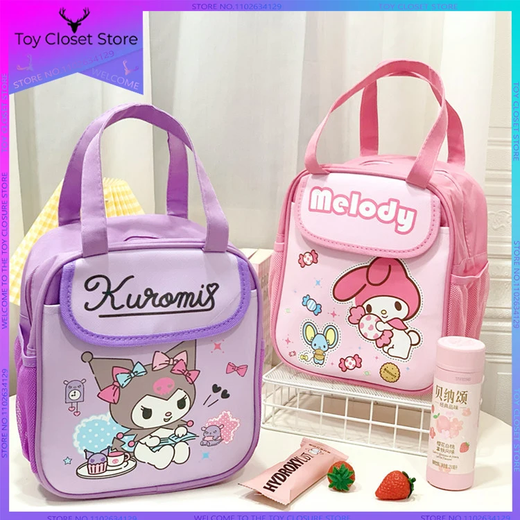 

Kawaii Sanrioed Kuromi My Melody Cinnamoroll, милый мультяшный большой водонепроницаемый Ланч-бокс из ПУ кожи, сумка, сумка на молнии, подарок для девушки с серд...