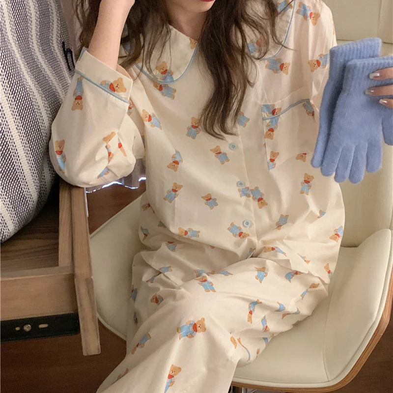 CAIYIER Plaid Stripe Korean Pajamas Set Autumn Winter Sweet Girls Nightwear Long-sleeved Homewear Simple Kawaii Cardigan Suit