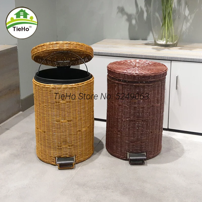 Nordic Rattan Slow-drop Trash Can Creative Simple Cover Foot-operated Paper Basket Hotel Living Room Trash Bin Bedroom Household