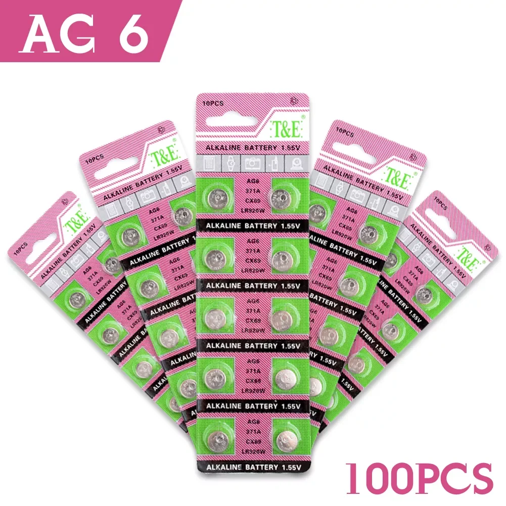 

2023NEW NEW 100pcs 1.55V AG6 LR920 Alkaline Coin Battery Button Batteries 371A CX69 LR920W 371 L921 SR927 171 G6A AG 6 Watch Clo