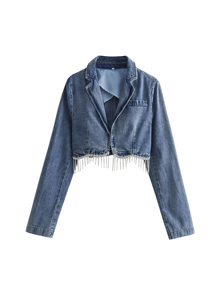 

TRAF 2023 Denim Jacket Women Diamond Tassel Jacket Woman Long Sleeve Cropped Jackets for Women Streetwear Casual Woman Coats