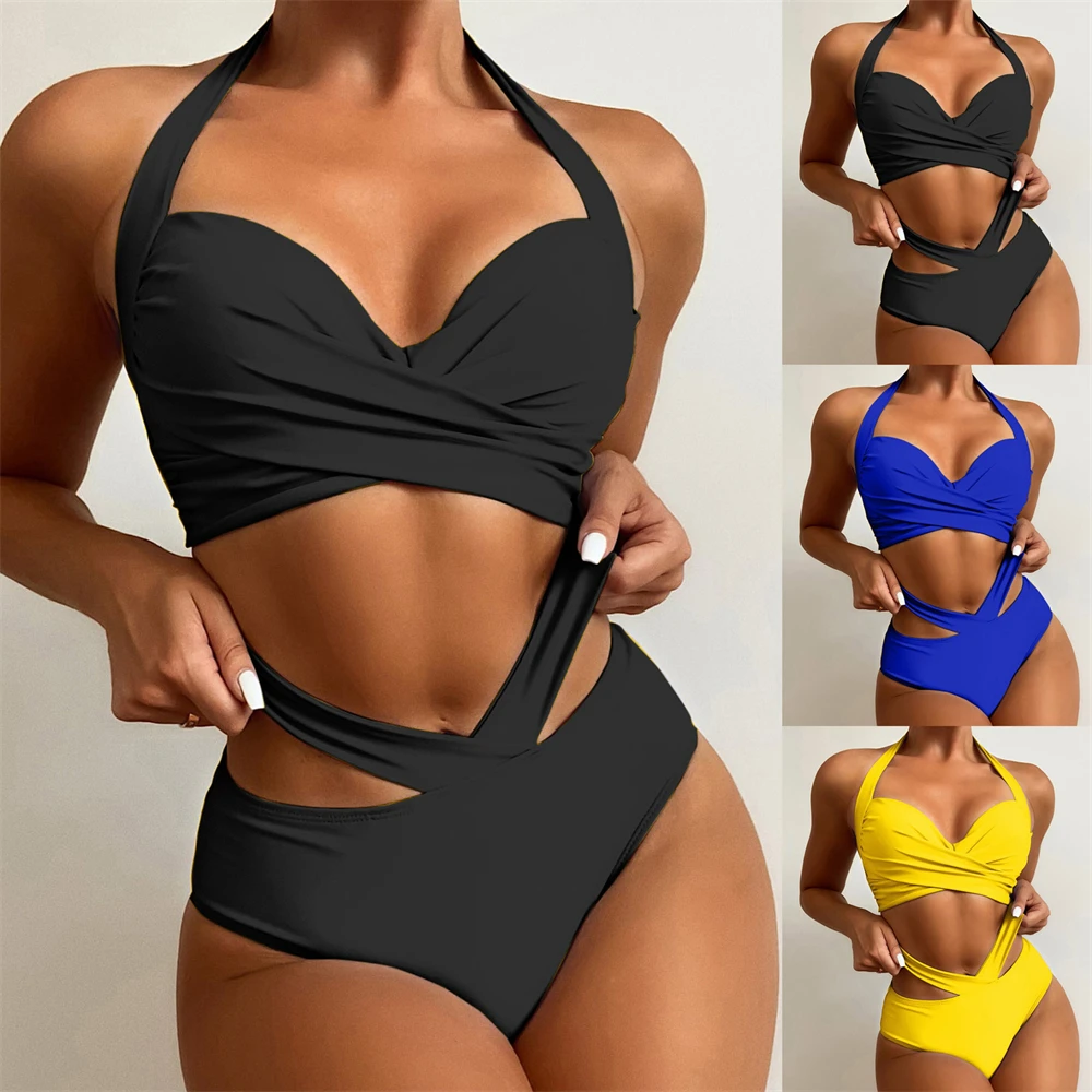 

High Waist Tummy Control Swimsuits For Women Solid Black Halter Cross Wrap Push Up Tankini Beachwear Crop Tops+Shorts Swimwear