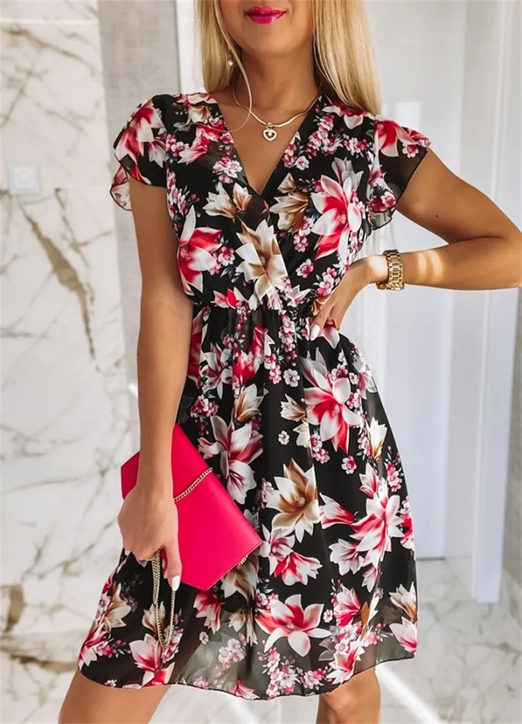 

Женское мини-платье с коротким рукавом, V-образным вырезом и принтом