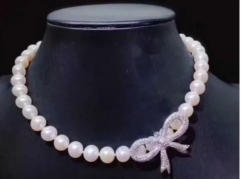

free shipping jewelry Handmade 45cm 8-9mm White Pearl CZ Necklace Pendant 925 silver