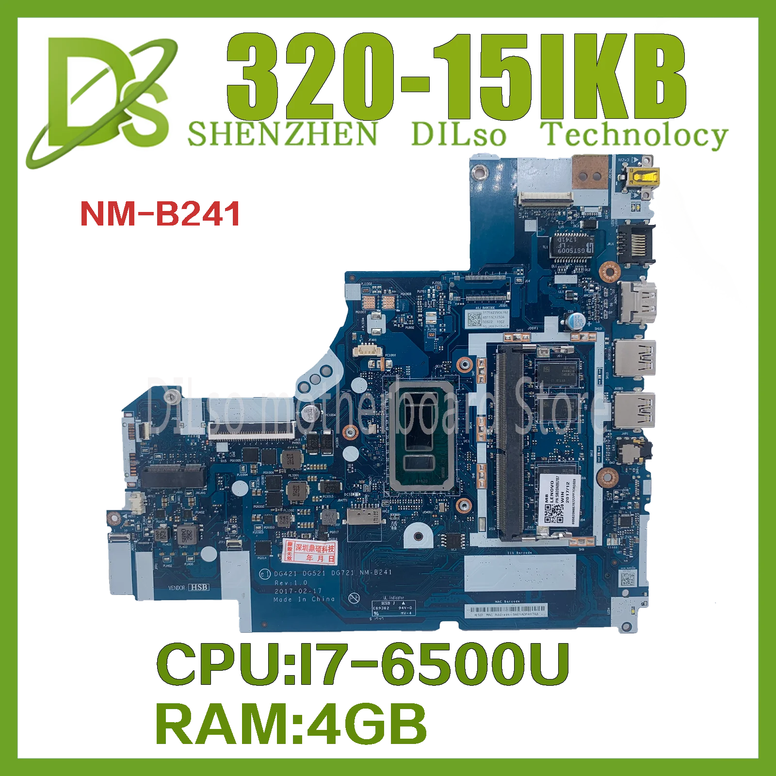 

KEFU 320-15IKB Motherboard For Lenovo Ideapad 320-15IKB 320-15ISK 520-15ISK I7-6500U Mainboard NM-B241 with 4GB RAM DDR4