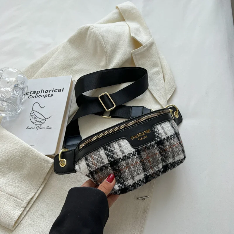 

Vintage Plaid PU And Fabric Waist Bags For Women Stylish Waist Pack Female Fanny Pack Wide Strap Crossbody Chest Bag 2022 Trend