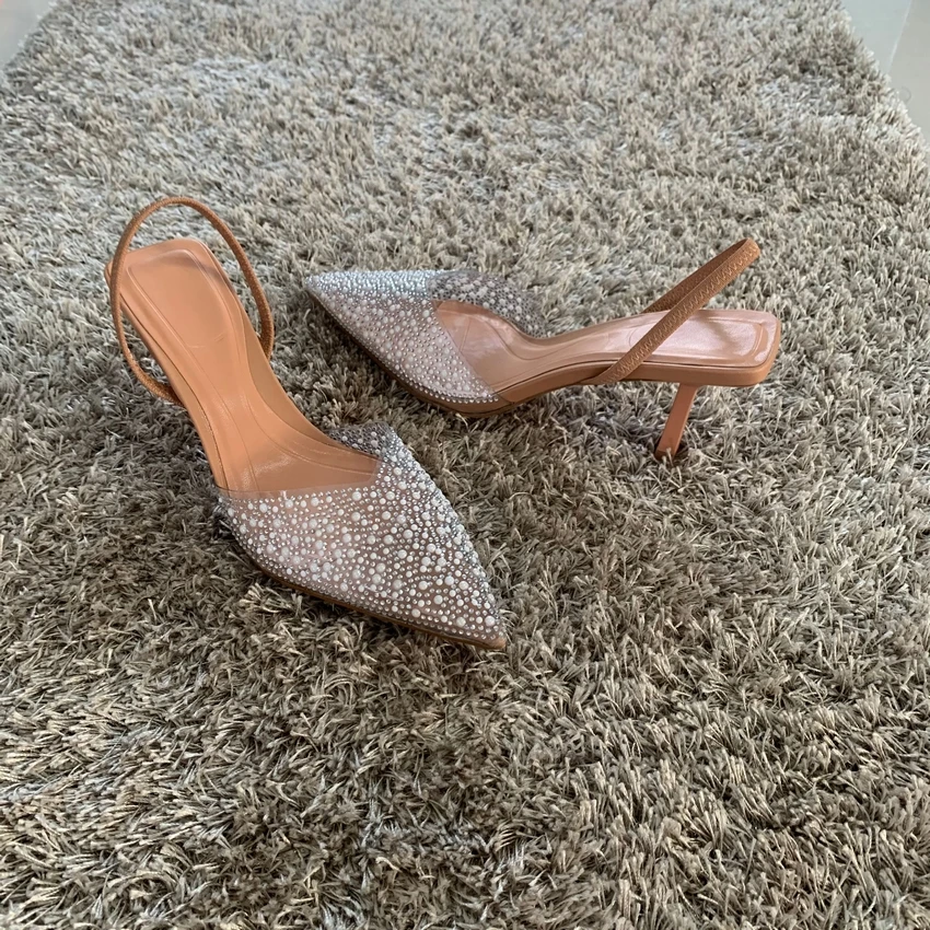2023 Fashion Summer Women High Heels Pearl Decoration Slingback Woman Pumps Pointed Toe High Heels Sandals Elegant Woman Shoes
