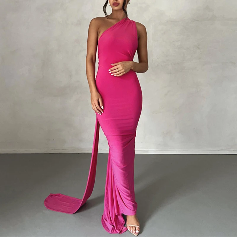 

Women Sexy Maxi Dress Summer Backless One Shoulder Ruched Dress Female Party Evening Adjustable Scarf Y2K Vintage Dress