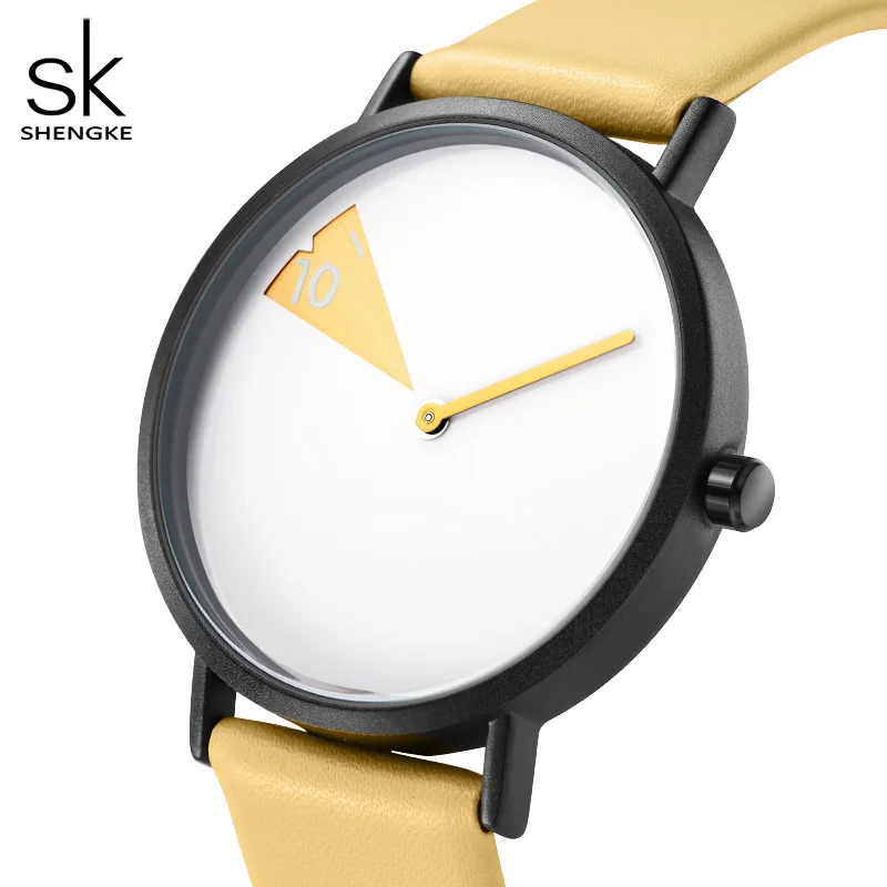 

Watch Relogio Feminino for Creative Pure Yellow Women Shengke Quartz Montre Femme Leather Strap Women Watch For Dropshipping