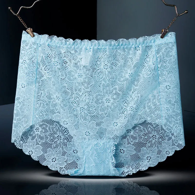 

Sexy Hollow Flower Transparent Lace Women's Underwear Mid Waist Cotton Bottom Breathable Ice Silk Briefs Quick Dry Panties C100