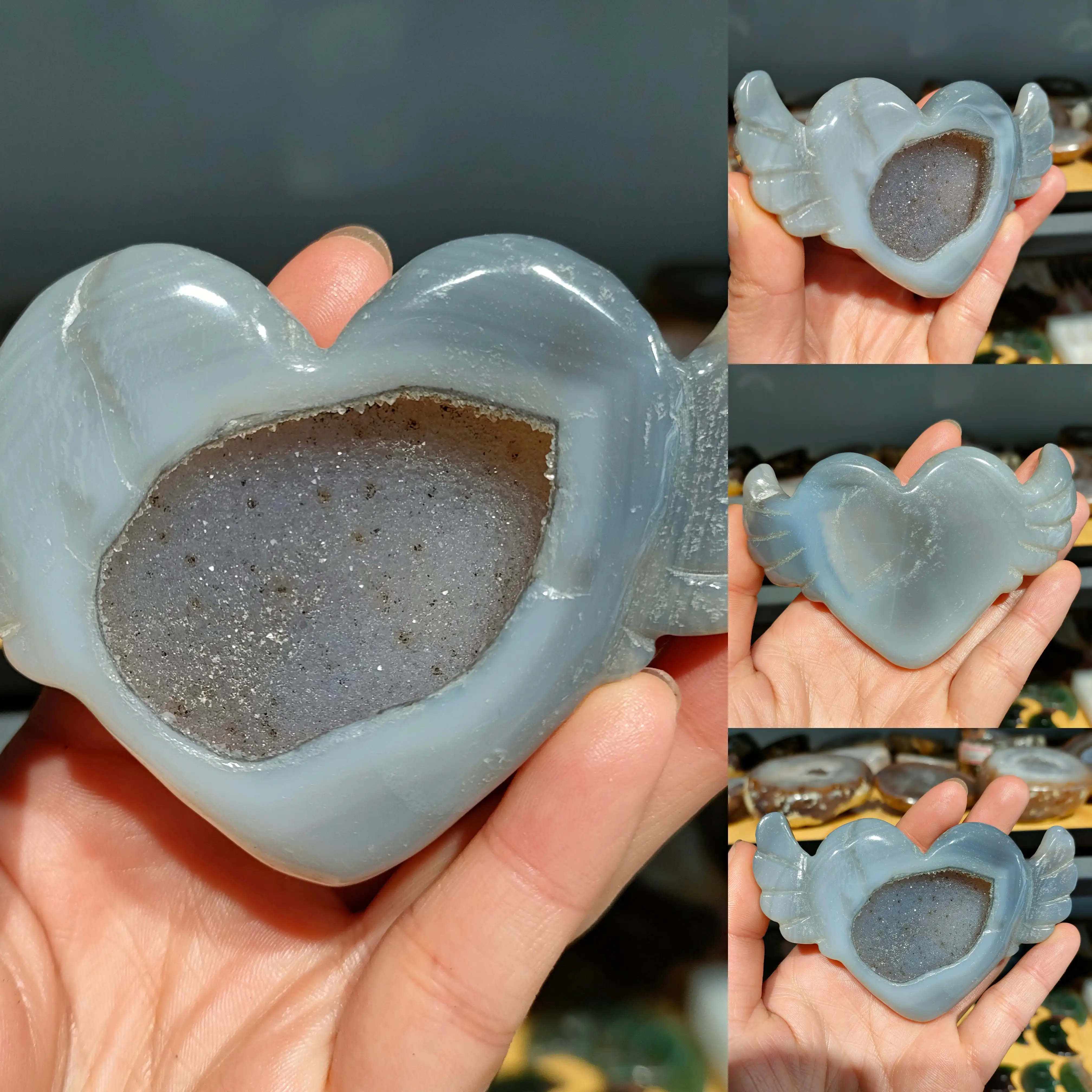 

2022 Milk White Crystal Geode Natural Agate carved Heart Shape Quartz Stone Crystal Druzy 1pc