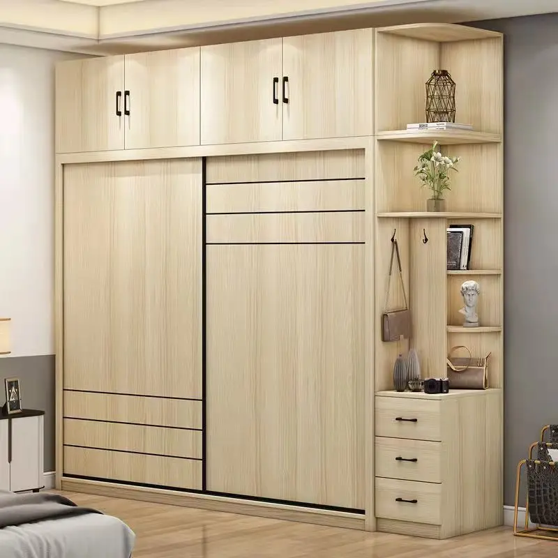 

Wardrobe sliding door, modern and simple household bedroom furniture, overall wooden combination, Nordic wood color large cabine