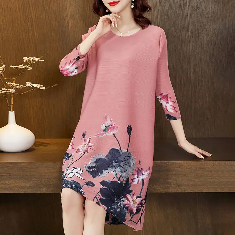 Vestido para as Mulheres Primavera e Verão Centenas de Vestido Novo Retro Temperamento Literário Tinta Pintura Dobrado Plissado Vestido Longo 2022