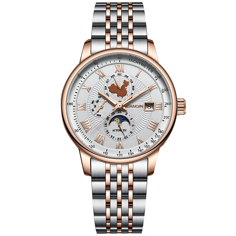

GuanQin 16232 men's fully automatic mechanical watch luminous waterproof multifunctional Sun moon stars leather business watch
