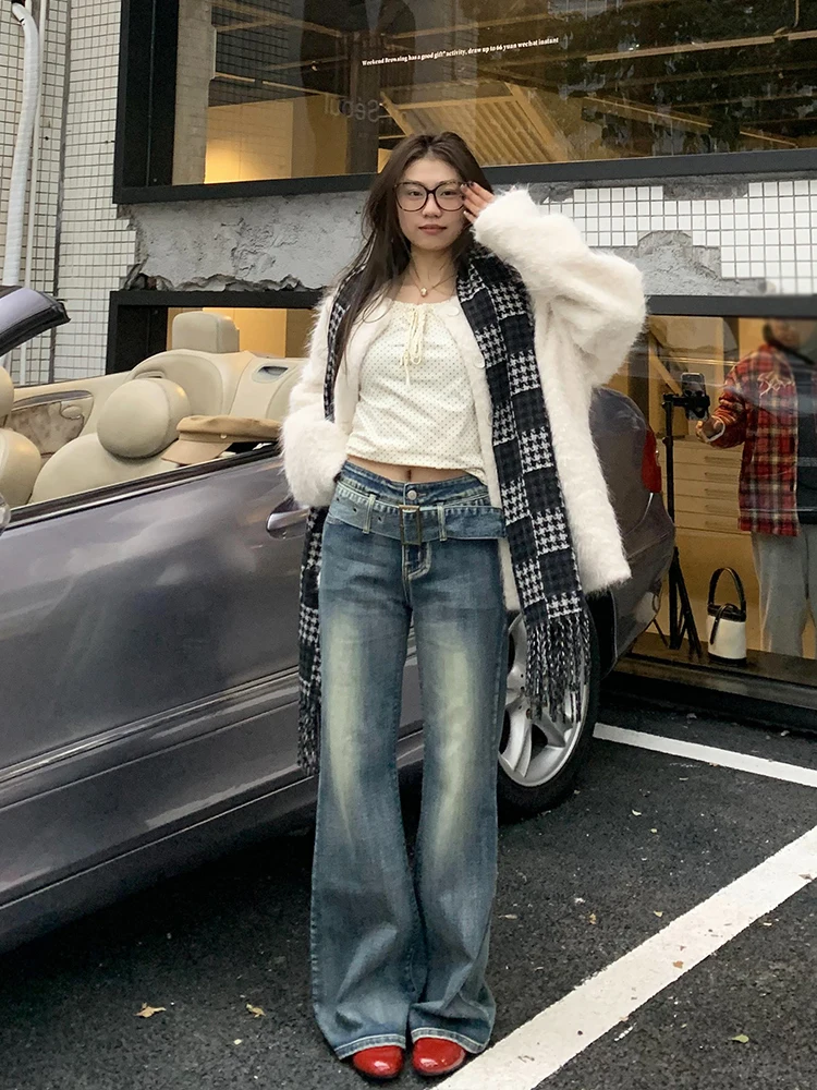 Женские расклешенные джинсы с поясом REDDACHiC винтажные стираемые широкие брюки