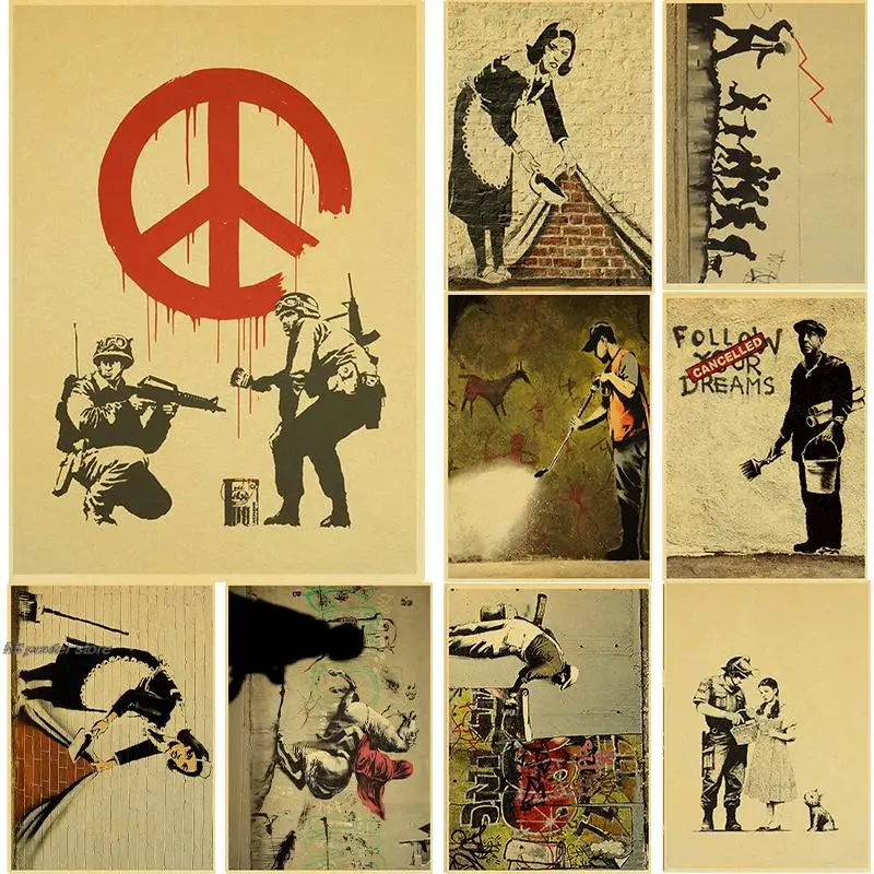 

Banksy Street Graffiti Collage Monkey vintage kraft paper Painting Poster and Print Wall Art Pictures for Living Room Home Decor