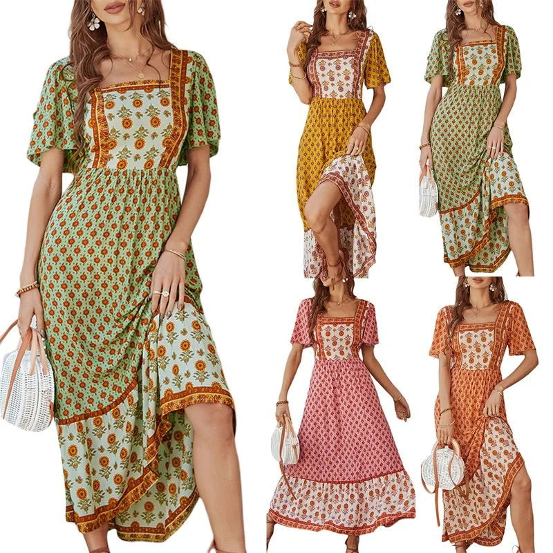 

Women's Short Sleeve Long Dress Vintage Pattern Printed Square Neck Loose Fit Simple Dress Casual Retro OnePiece Clothes