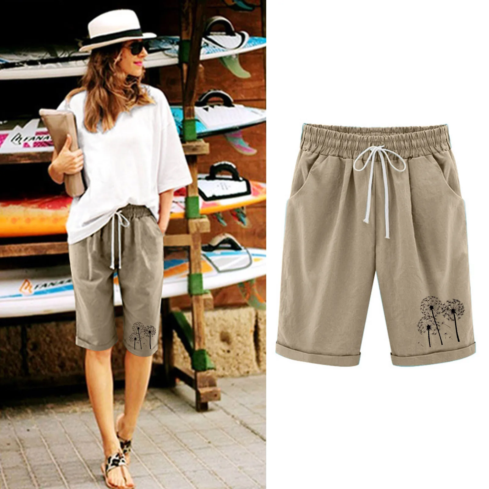 

Women Summer High Waisted Cotton Linen Dandelion Print Shorts Lacing Beach Workout Pocket Five Point Pants 4