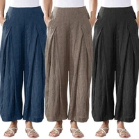 womens cotton linen pants elastic waist pleated wide leg loose pants ladies solid pockets casual trousers famale street wear