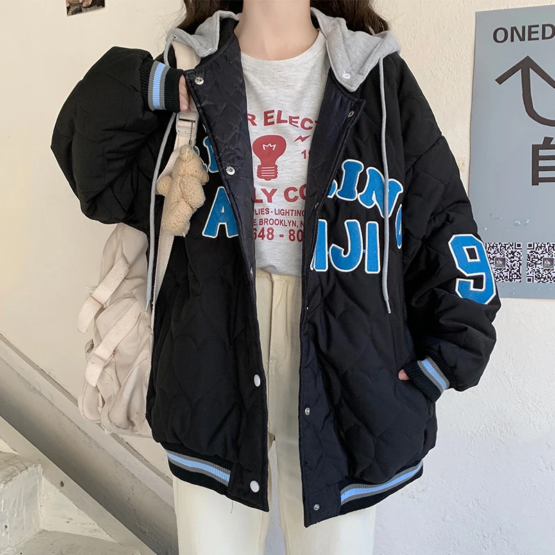 Winter American Street Baseball Uniform Warm Oversized Jacket Detachable Hat Harajuku Retro Letter Embroidery Fashion Coat Woman