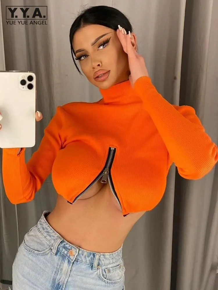

Spring Chest Zipper Top Fashion Sexy Long Sleeve Short T-shirt Women Tees Hot Korean Women Tops 2022 Summer Turtleneck Cropped