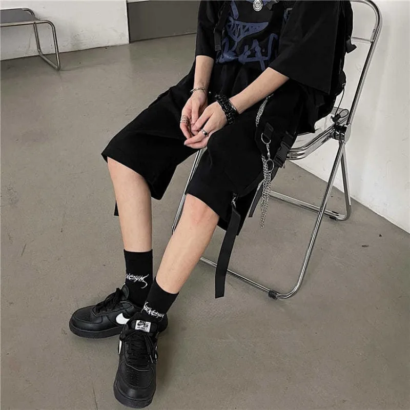 Шорты-карго мужские на цепочке спортивные повседневные свободные однотонные