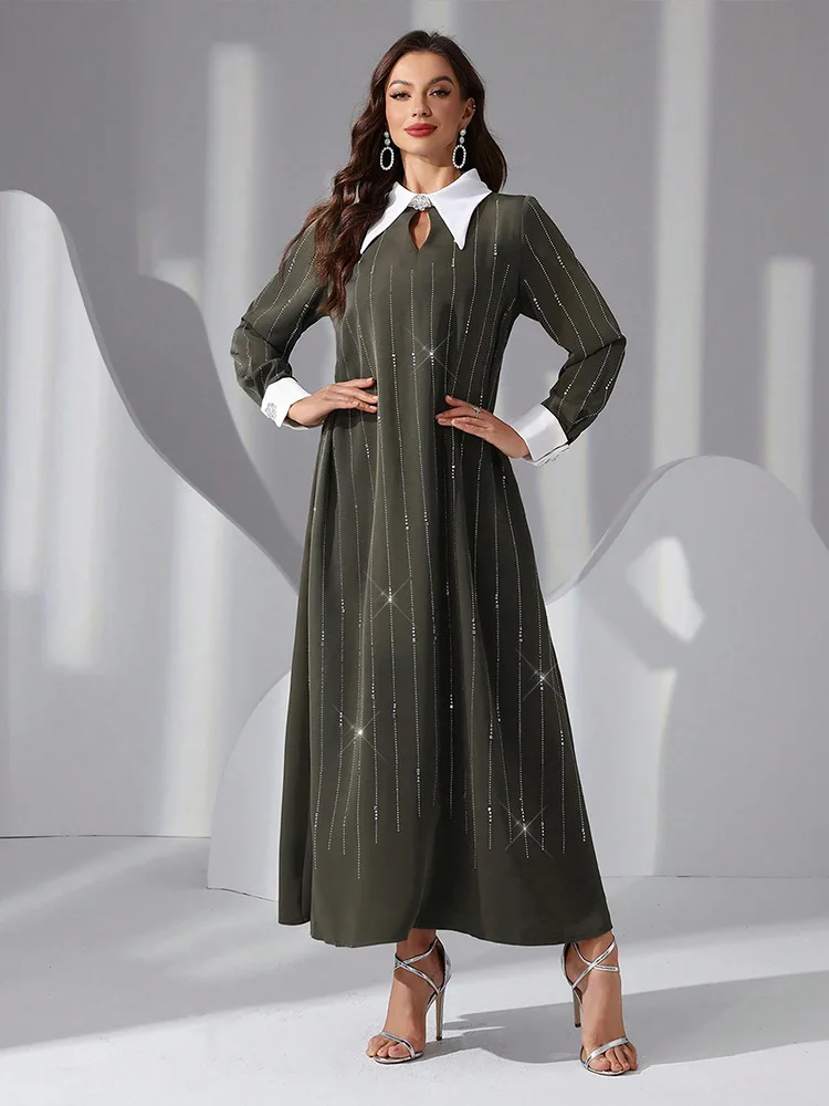 Фото SuperAen Elegant Long Sleeve Dress Fashion Hot Diamond Contrast Colour Neckline Long Dress №4