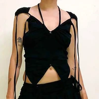 goth y2k punk bandage women sexy tank tops cyber gothic drawstring bodycon crop tops black patchwork e girl sleeveless tees new