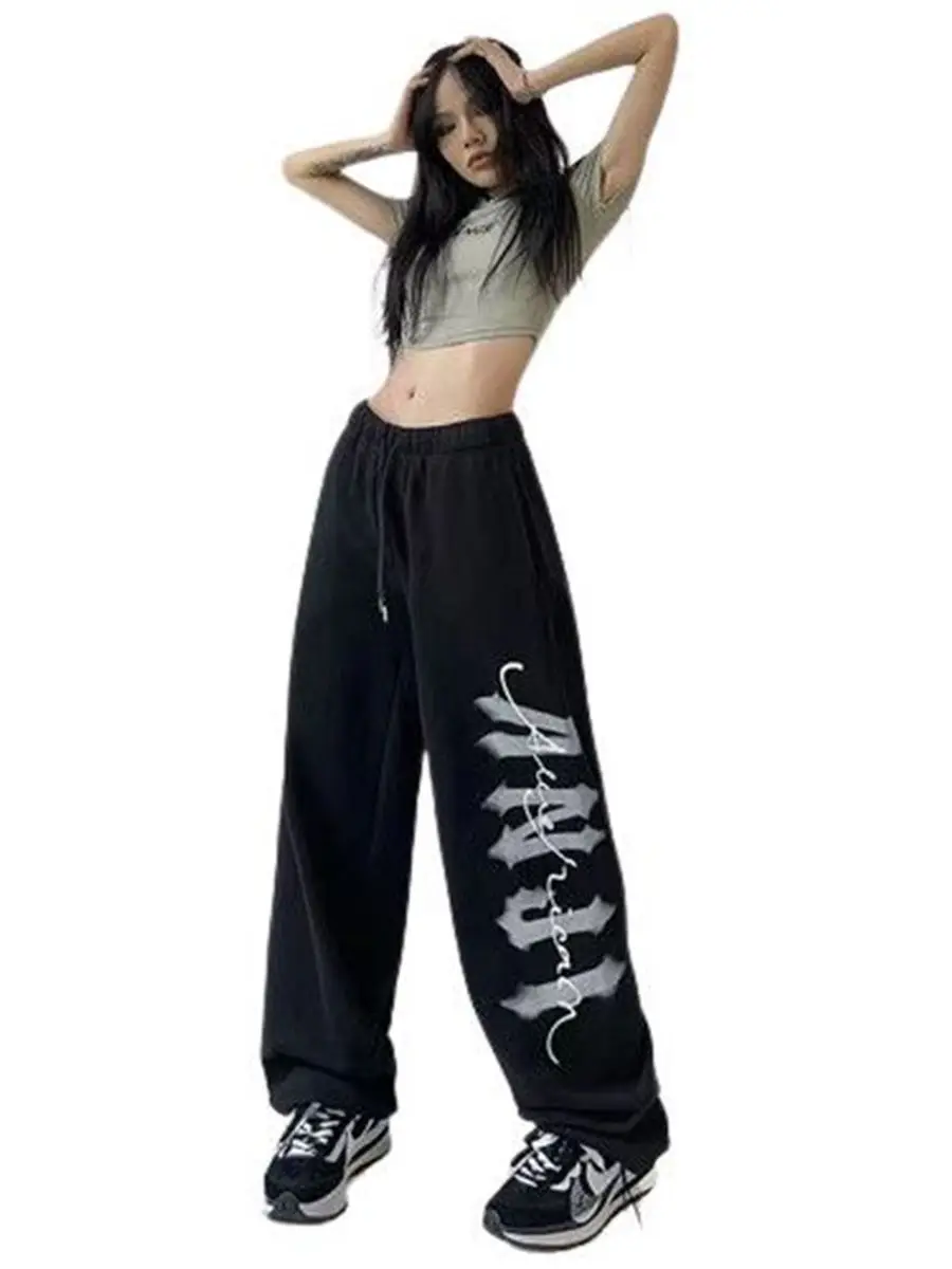 

Хлопковые прямые брюки для танцев с граффити, летние брюки для девочек в стиле Харадзюку, женские крутые свободные брюки, черные брюки в стиле хип-хоп ольччан для женщин