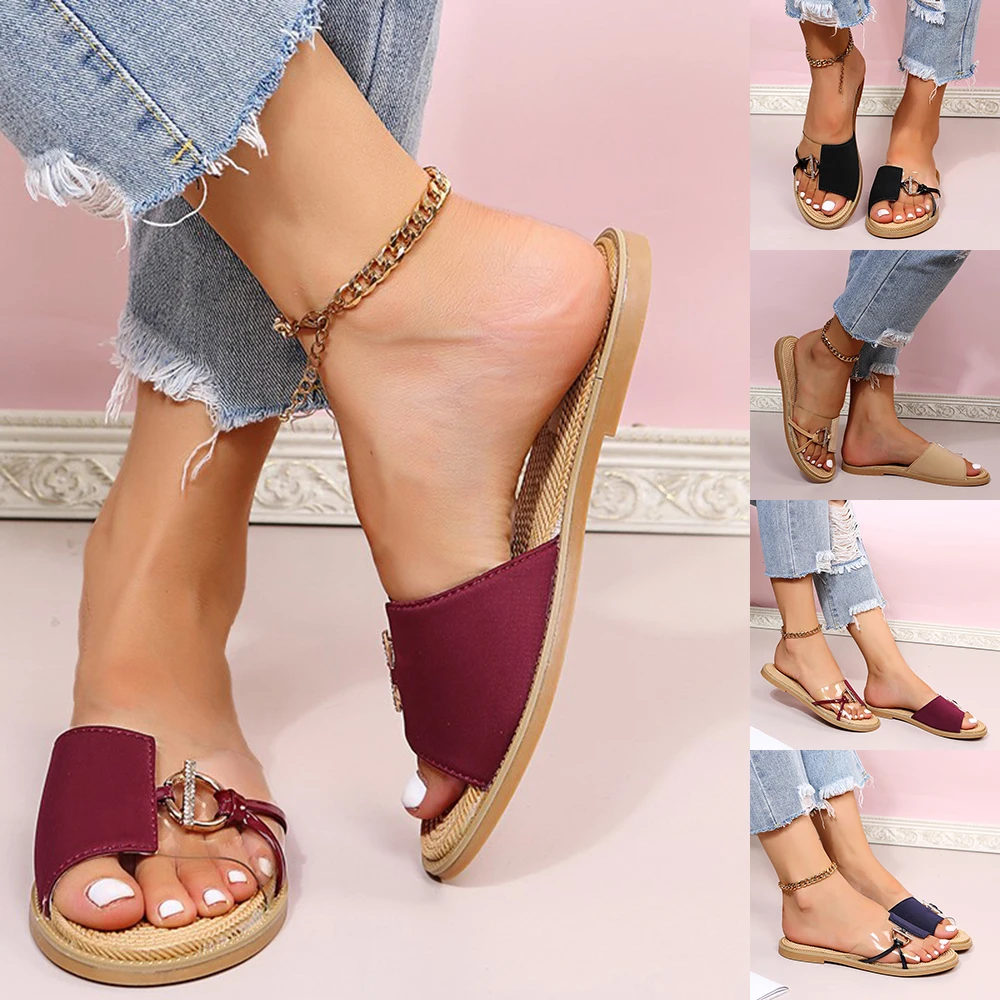 

Women Plus Size Outdoor Slippers Summer Casual Shoes Chain Deco Slip-on Leisure Slidders