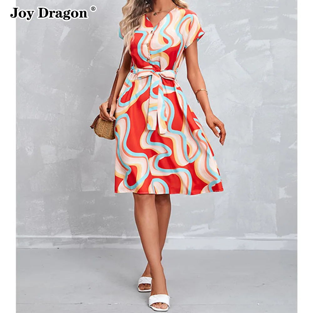 

2023 Summer New Elegant Print Short Sleeve Dress Lace Up V Neck Slim Fit Midi Clothing Basic Casual Skirt Swing Women