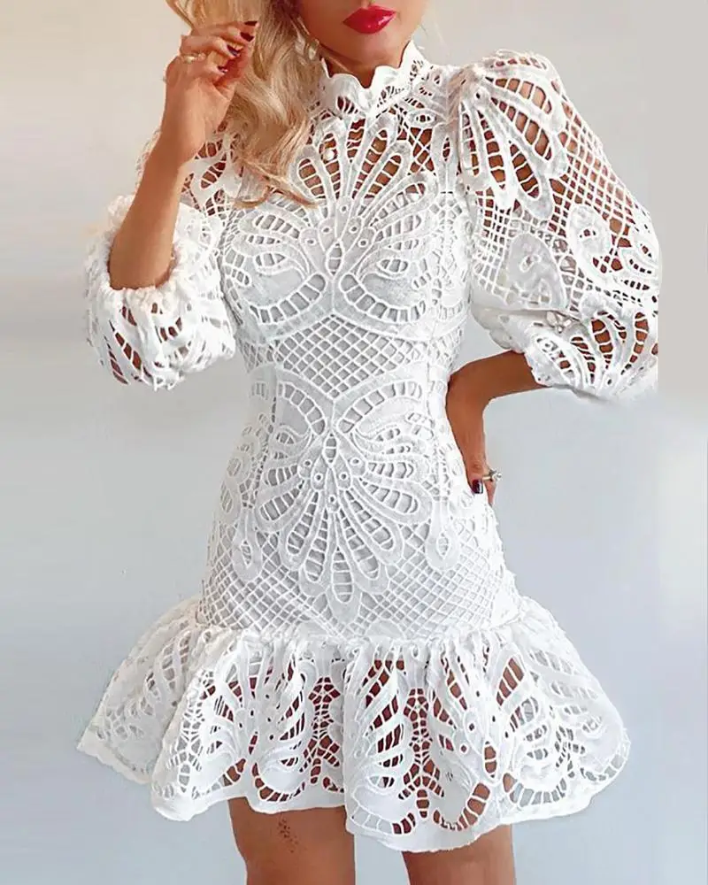 

Sexy Spring Hollow Out Long Sleeve Lace Patchwork Dresses High Waist Fashion Pullover A-line Dress For Women