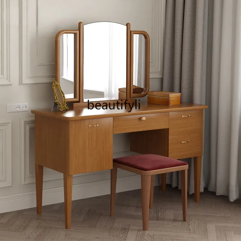 

yj Nordic Retro Style Three-Fold Mirror Dressing Table American Bedroom Dressing Table French Solid Wood Makeup Table