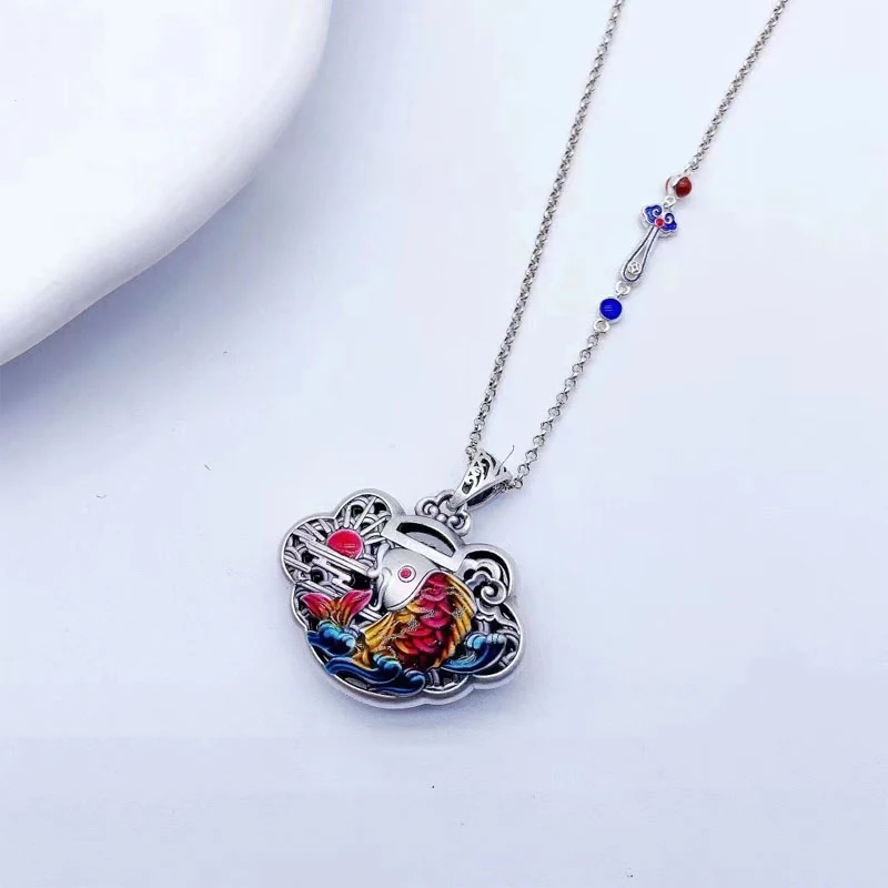 

XiYuan Silver Color New China Unique Enamel Flower Blooming Peony Flying Phoenix God of Wealth Carp Fish Melon Pendant
