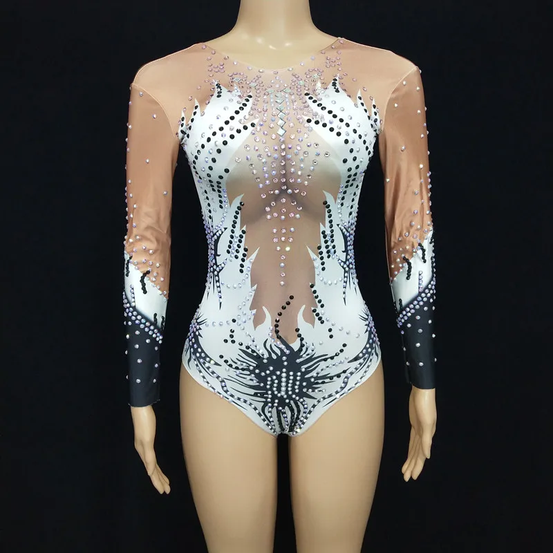 

Adult Latin Pole Dance Crystal Leotard Shiny Rhinestones Printing Tights Bar Dancer Bodybuilding Gymnastics Competition Bodysuit