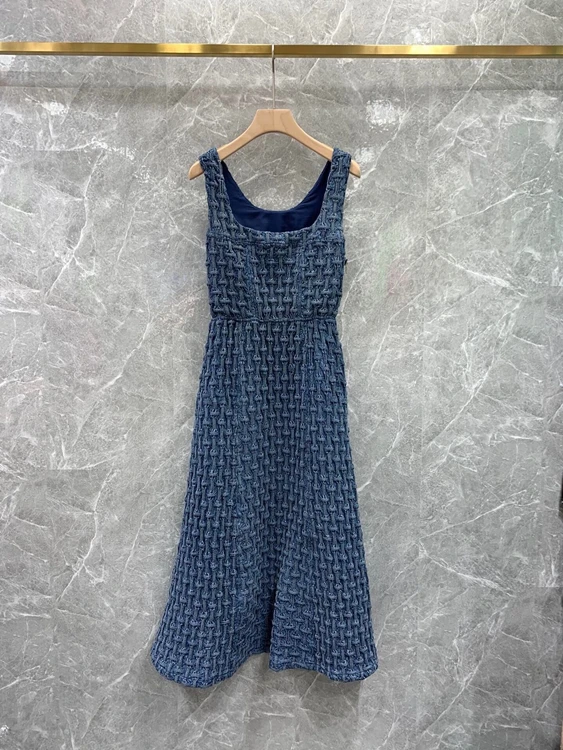 

2022 new women fashion square neck waist open back sleeveless vest skirt A-line denim generous dress 069