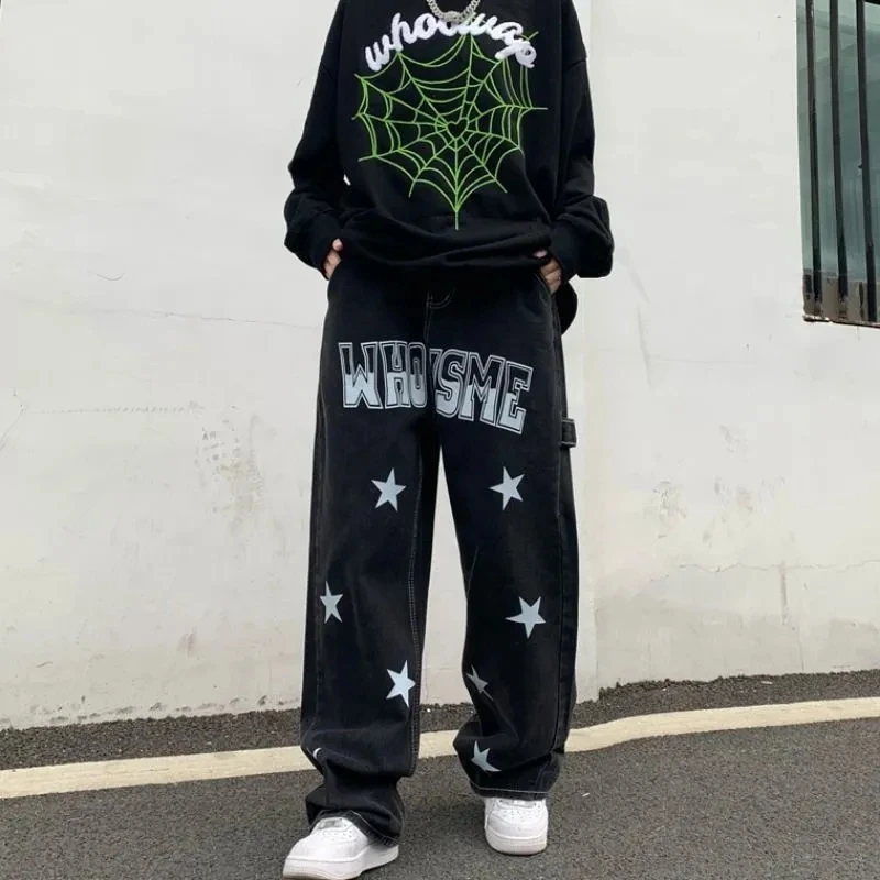 Men's Y2K Clothes Printed Strar Vintage Black Baggy Jeans Men Straight Trousers Denim Pants Streetwear For Women High Quality